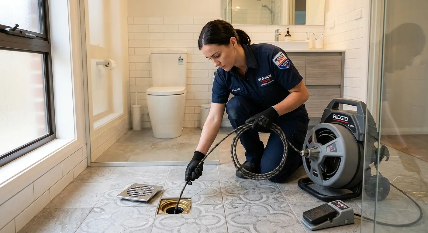 Technician clearing a bathroom floor drain for Sewer Line Replacement in Union